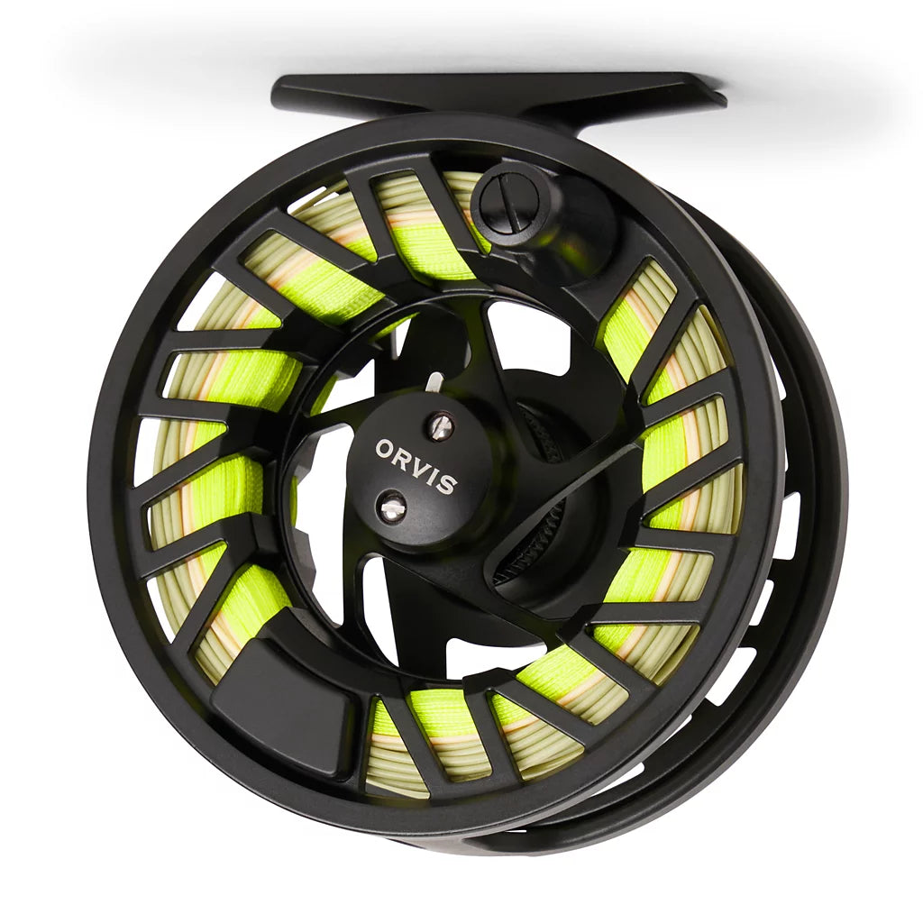 Side view of an Orvis fly fishing reel with green line on a white background, featuring the Orvis brand.