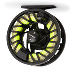 Side view of an Orvis fly fishing reel with green line on a white background, featuring the Orvis brand.