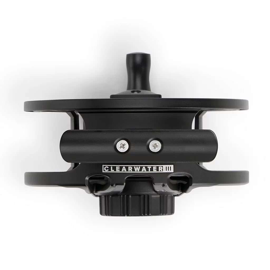 Top view of a black fly fishing reel with 'Clearwater III' branding on a white background