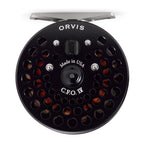 Black Orvis C.F.O. fly fishing reel with silver accents, front view