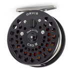 Black Orvis C.F.O. fly fishing reel with silver accents, front view