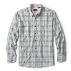 Close-up of a long-sleeve plaid Orvis MEN's Open Air Caster Plaid Long-Sleeve Shirt in blue and white, showing the fabric texture and button-up collar.