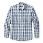 Close-up of a long-sleeve plaid Orvis MEN's Open Air Caster Plaid Long-Sleeve Shirt in blue and white, showing the fabric texture and button-up collar.