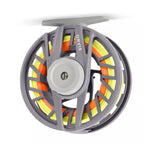 Gray Orvis fly fishing reel with orange and yellow line on a white background