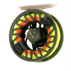 Green fly fishing reel with green frame and colorful line on a white background