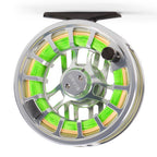 A close-up studio shot of a Orvis Hydros fly fishing reel spool filled with bright neon green line, featuring a polished silver metal frame, a black central hub, and a black handle knob at the top.