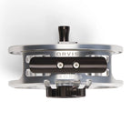 A close-up top profile of an Orvis Hydros metallic silver fly fishing reel with black handle and knob details, set against a clean white background.