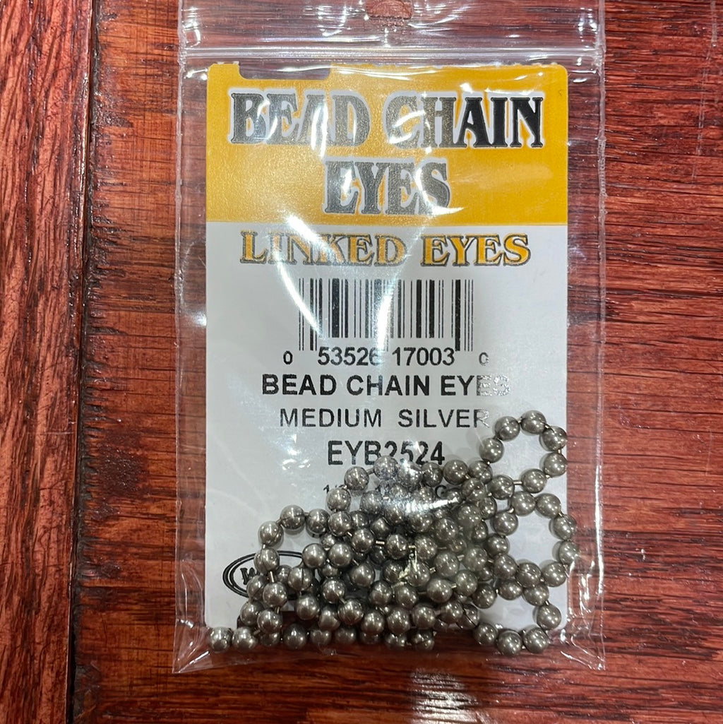 Packaged bead chain eyes for fly tying, available in gold and silver colors, displayed on a fly tying kit card.
