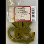 Packaged green fly fishing material with Chagrin River Outfitters label