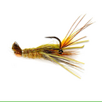 Fishing fly with brown and green body on a white background