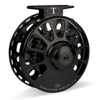 Tibor Signature Black fly fishing reel with 'T' logo on a white background