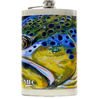 Colorful flask with fish designs on a white surface