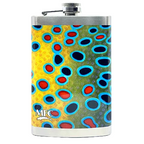Colorful flask with fish designs on a white surface