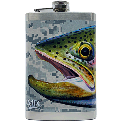 Colorful flask with fish designs on a white surface