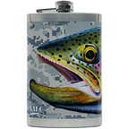 Colorful flask with fish designs on a white surface
