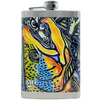 Colorful flask with fish designs on a white surface