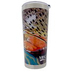 Tumbler with fish design and MFC logo on a white background