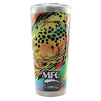 Tumbler with a colorful fish design and 'MFC' branding on a white background