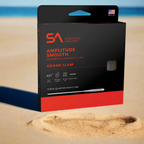 Packaging for SA Scientific Anglers Amplitude Smooth Grand Slam fly line, featuring a beach and fishing context.