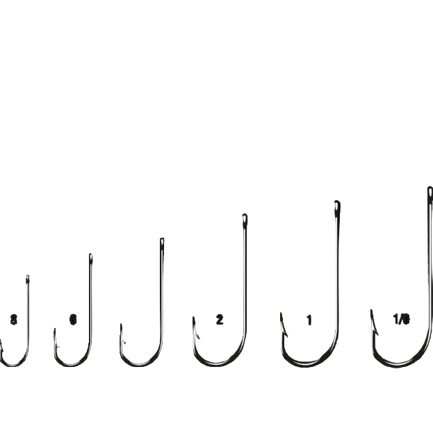 A set of VMC Aberdeen hooks, arranged in a row, with a black background.