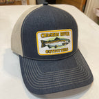 Blue and gray cap with a logo on a white surface