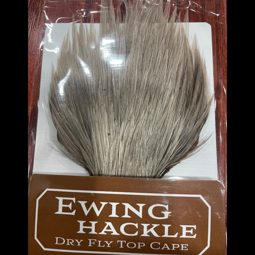 Packaged Ewing Hackle Dry Fly Top Cape, featuring black feathers for fly tying.