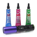 Three tubes of Solarez UV-Cure fly-tie resin in blue, pink, and green colors with a black cap and a purple applicator tip.