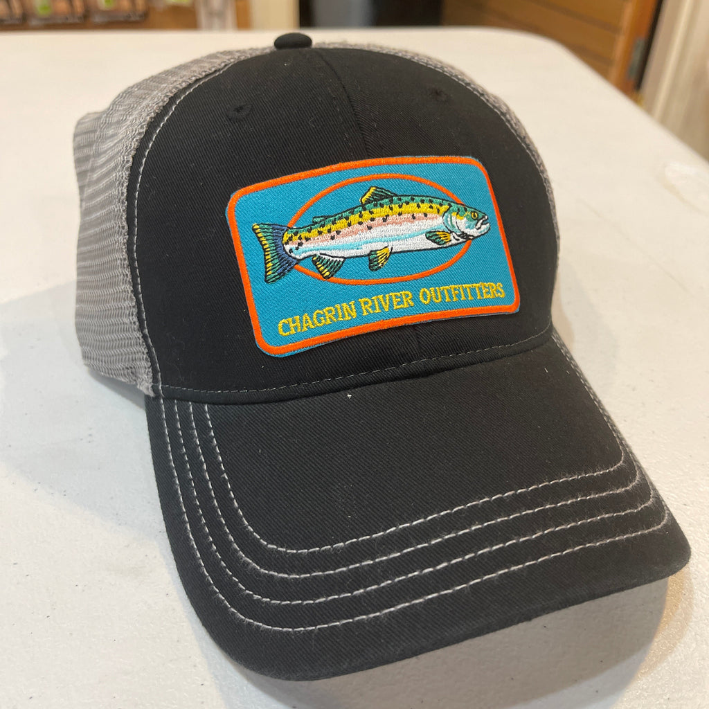 Black and gray cap with a fish logo and 'Chagrin River Outfitters' text on a white surface.