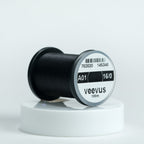 Spool of black Veevus Thread Polyester 16/0 with 'veevus' branding on a white background