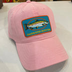 Pink cap with Chagrin River Outfitters patch featuring a fish on a white surface.