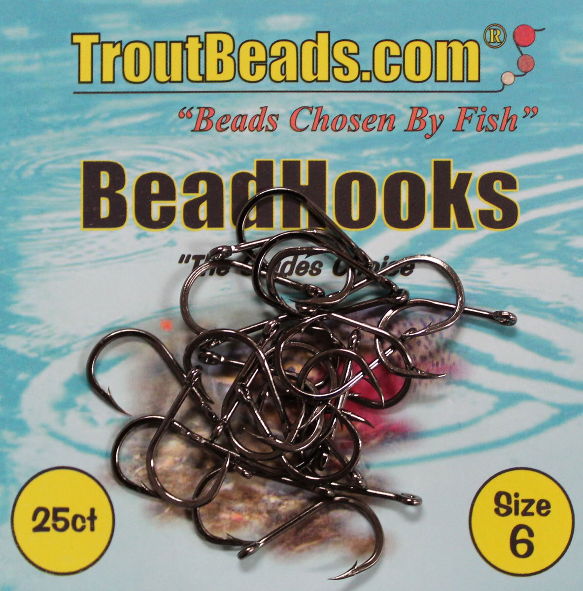 A pack of TroutBeads BeadHooks, with the image depicting several black fishing hooks on a background featuring water and beads, suggestive of the product's use in fly fishing.