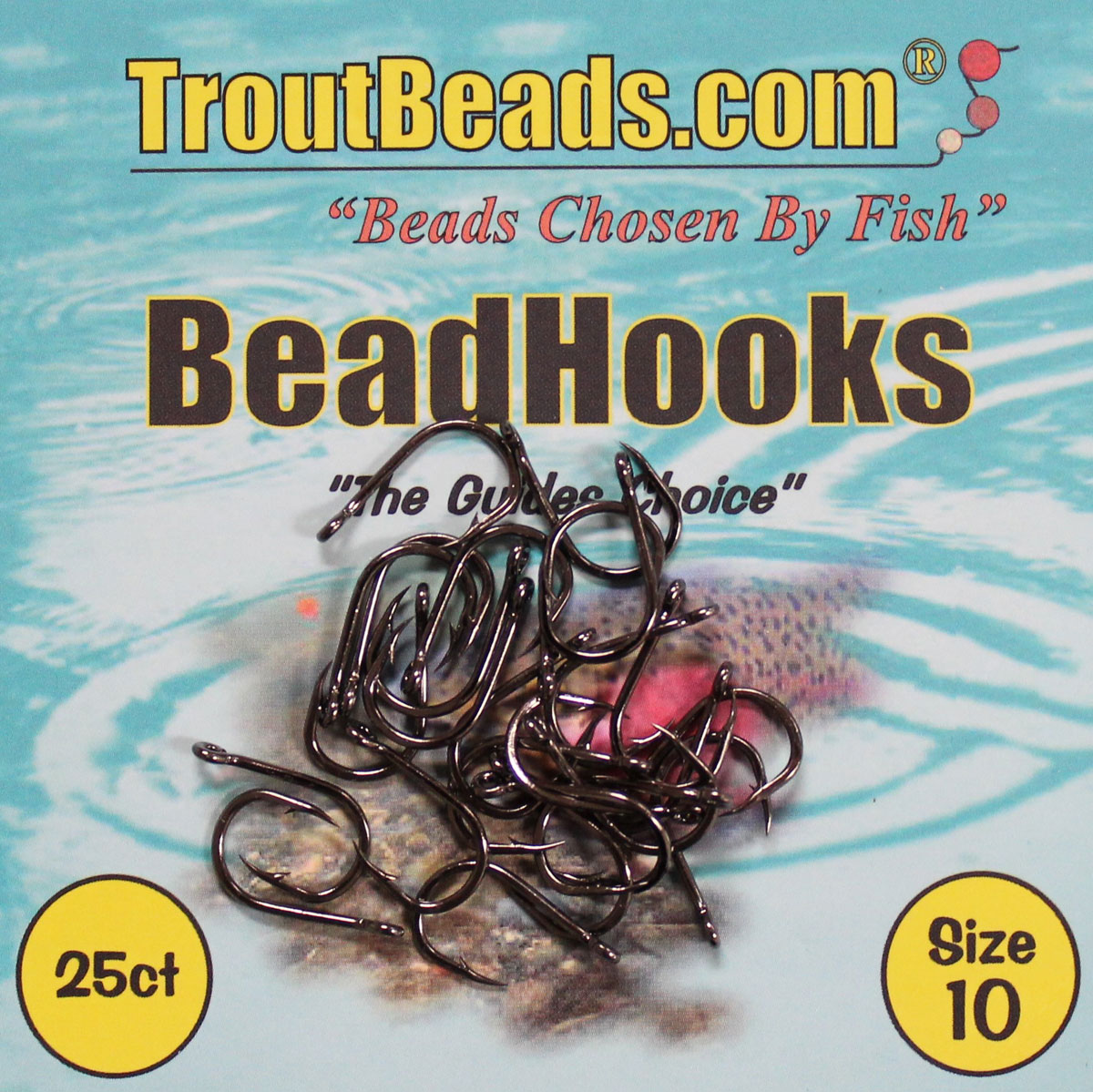 A pack of TroutBeads BeadHooks, with the image depicting several black fishing hooks on a background featuring water and beads, suggestive of the product's use in fly fishing.