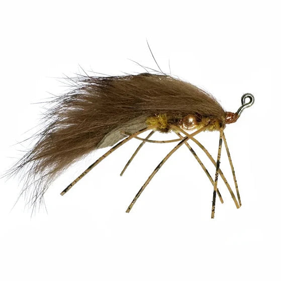 Brown Bloom's Zirdle Fishing fly with brown and gold colors on a white background