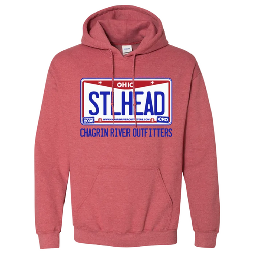 Red hoodie with Chagrin River Outfitters license plate 'STLHEAD' design on a white background