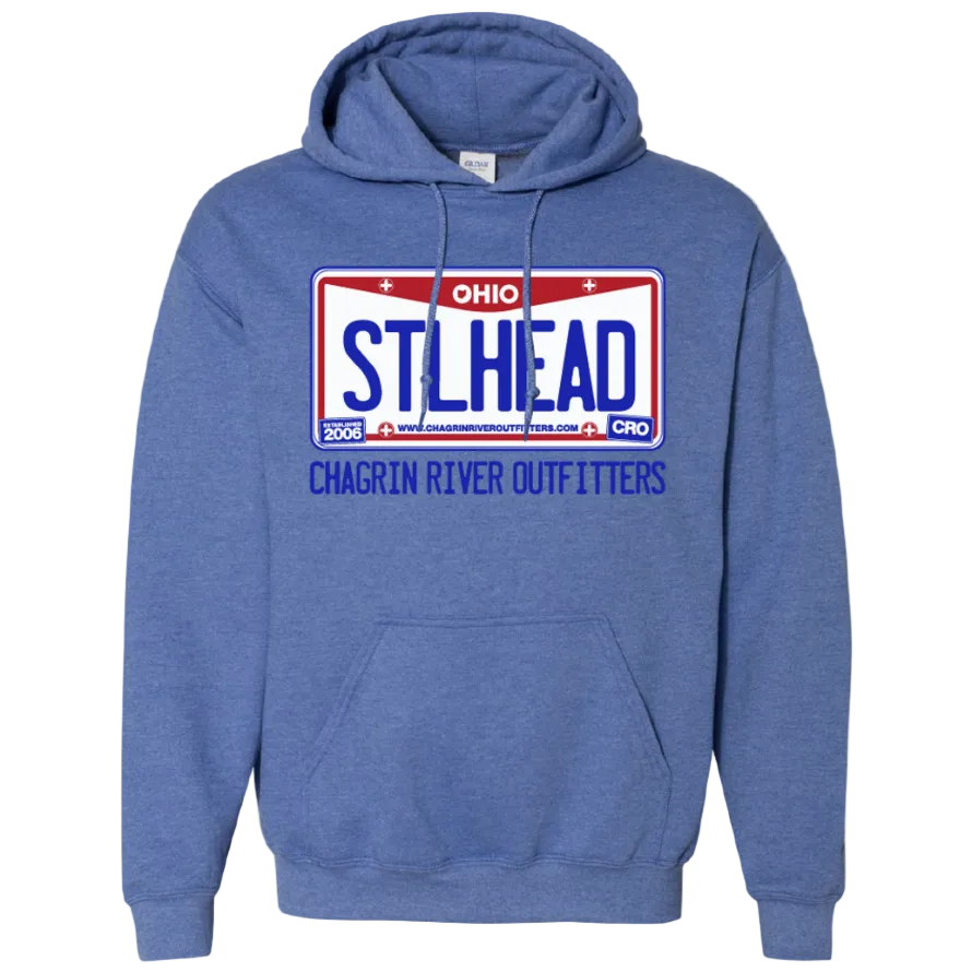 Blue hoodie with Chagrin River Outfitters license plate 'STLHEAD' design on a white background