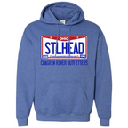Blue hoodie with Chagrin River Outfitters license plate 'STLHEAD' design on a white background