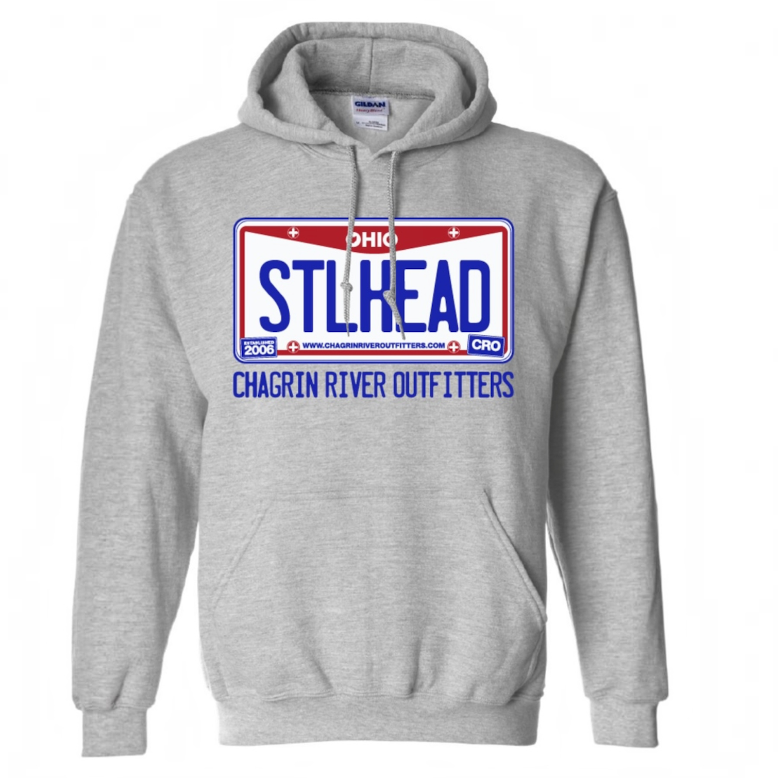 Gray hoodie with Chagrin River Outfitters license plate 'STLHEAD' design on a white background