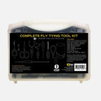 Complete fly tying tool kit packaging with illustrations of tools on a white background