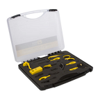 Set of yellow fly tying tools in a black and white tool case on a white background