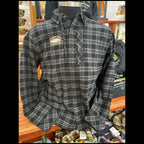 Plaid Simms MEN's Coldweather Hooded Shacket w/CRO Logo with a brand logo on a wooden surface