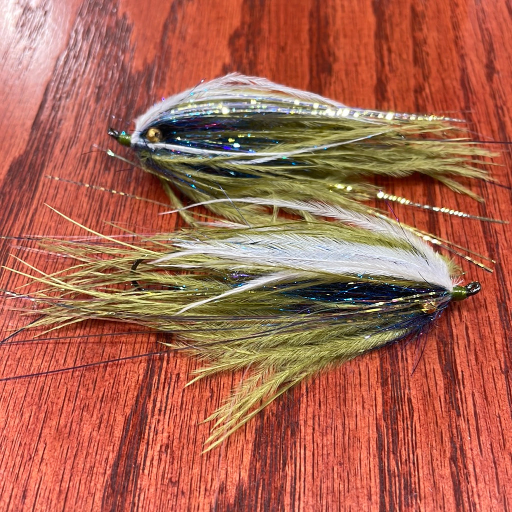 Two single stage intruder fishing flies with silver and gold accents, tied for steelhead fishing.