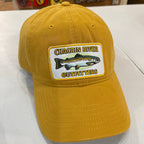 Dandelion cap with Chagrin River Outfitters patch featuring a fish on a white surface.