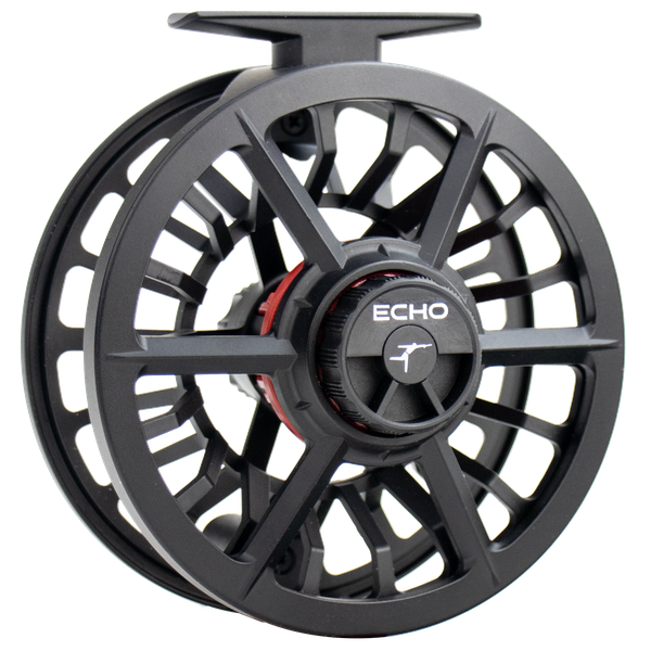 Black fly fishing reel with 'Echo' branding on a white background