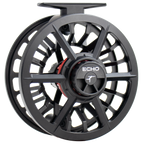 Black fly fishing reel with 'Echo' branding on a white background