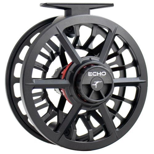 Black fly fishing reel with 'Echo' branding on a white background