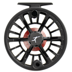Black ECHO Bravo fly fishing reel with visible carbon fiber disc drag system and aluminum alloy body.