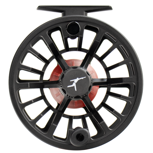 Black ECHO Bravo fly fishing reel with visible carbon fiber disc drag system and aluminum alloy body.