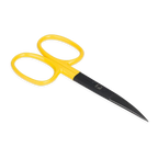 Pair of curved scissors with yellow handles and black blades on a white background