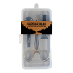 Essentials fly fishing Tool Kit with hemostats, nippers, and other tools in a clear plastic case on a white background