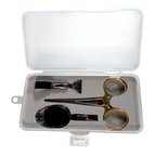 Essentials fly fishing Tool Kit with hemostats, nippers, and other tools in a clear plastic case on a white background